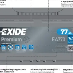Akumulator Exide Premium 77Ah. Na etykiecie nie widać daty produkcji, ale są informacje o wydajności i QR kod.