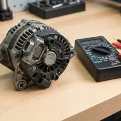 Uszkodzony alternator, który może powodować, że akumulator się rozładowuje, leży obok multimetru.