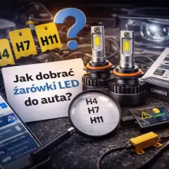 Dwie żarówki pozycyjne LED H4, H7, H11 obok instrukcji "Jak dobrać żarówki LED do auta?".