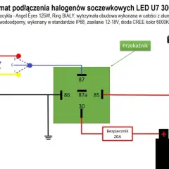 Schemat podłączenia halogenów przez przekaźnik. Pokazuje połączenie lamp LED z akumulatorem i stacyjką motocykla.