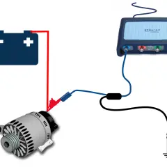 Schematyczne przedstawienie stanowiska do sprawdzenia alternatora na stole. Podłączony akumulator, alternator i oscyloskop PicoScope Automotive.