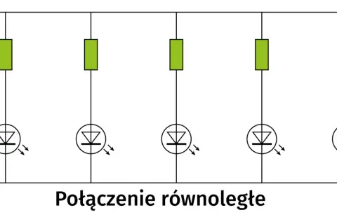 Schemat połączenia równoległego LED z rezystorami. Pytanie: jaki rezystor do LED w samochodzie?