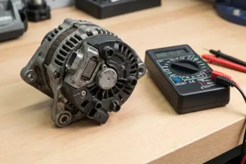 Uszkodzony alternator, który może powodować, że akumulator się rozładowuje, leży obok multimetru.