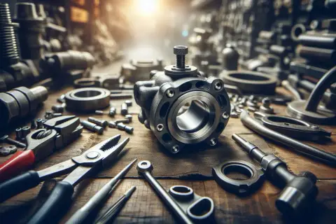 Metalowy zawór, narzędzia i części. Może to być element silnika, gdzie wypalony zawór wpływa na kompresję.