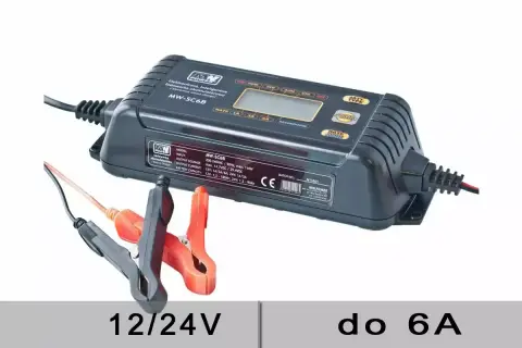 Inteligentny prostownik MW-SC6B z kablem do akumulatora 24V i 12V. Podłączanie jest proste, wystarczy zaciski do biegunów.