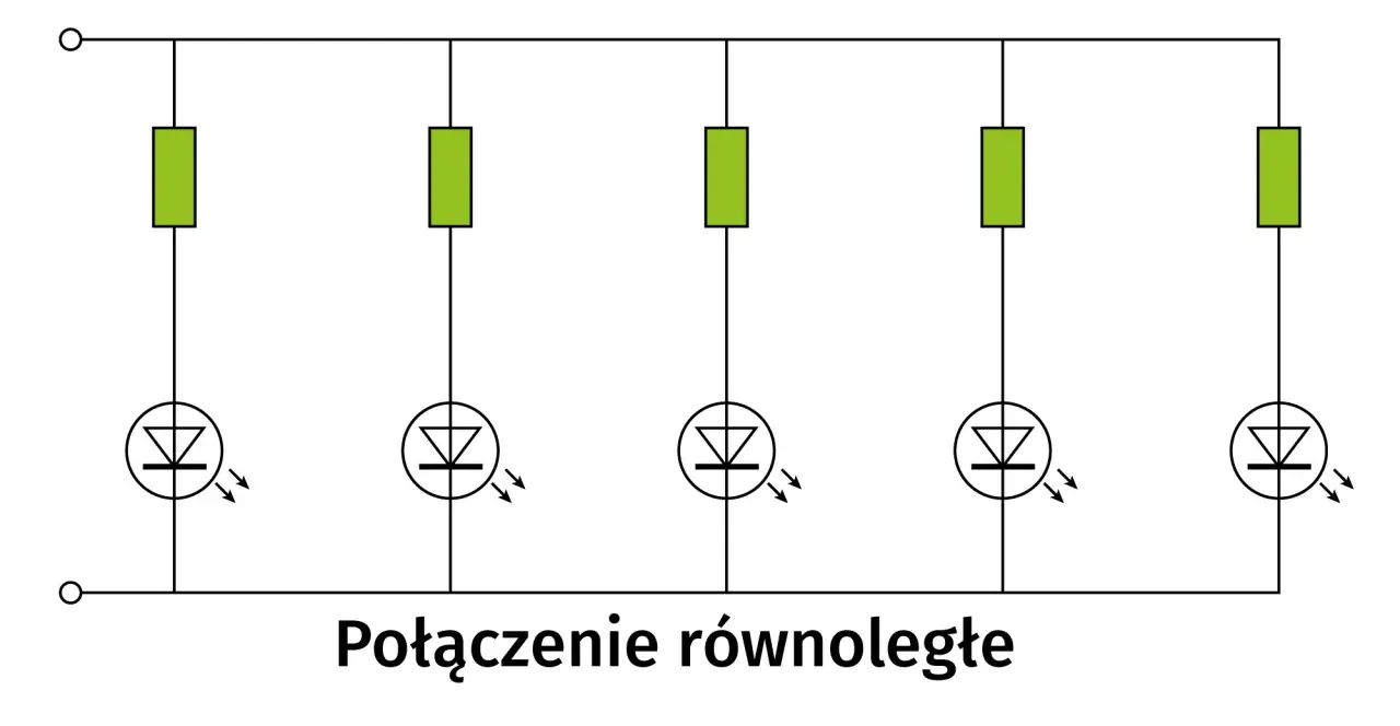 Schemat połączenia równoległego LED z rezystorami. Pytanie: jaki rezystor do LED w samochodzie?