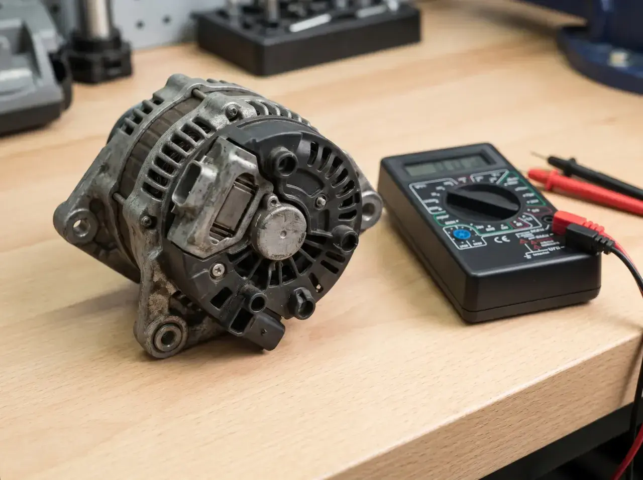 Uszkodzony alternator, który może powodować, że akumulator się rozładowuje, leży obok multimetru.