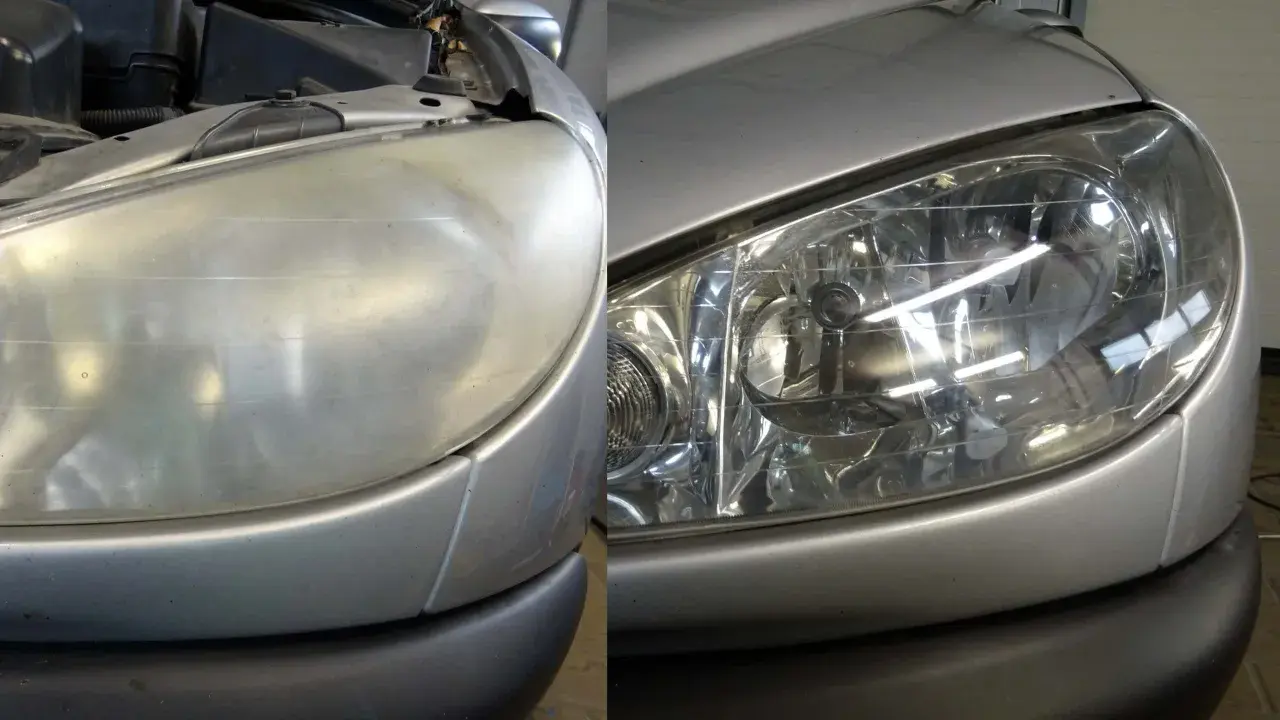 Przed i po: matowe lampy samochodowe odzyskują blask dzięki domowym sposobom na polerowanie lamp.