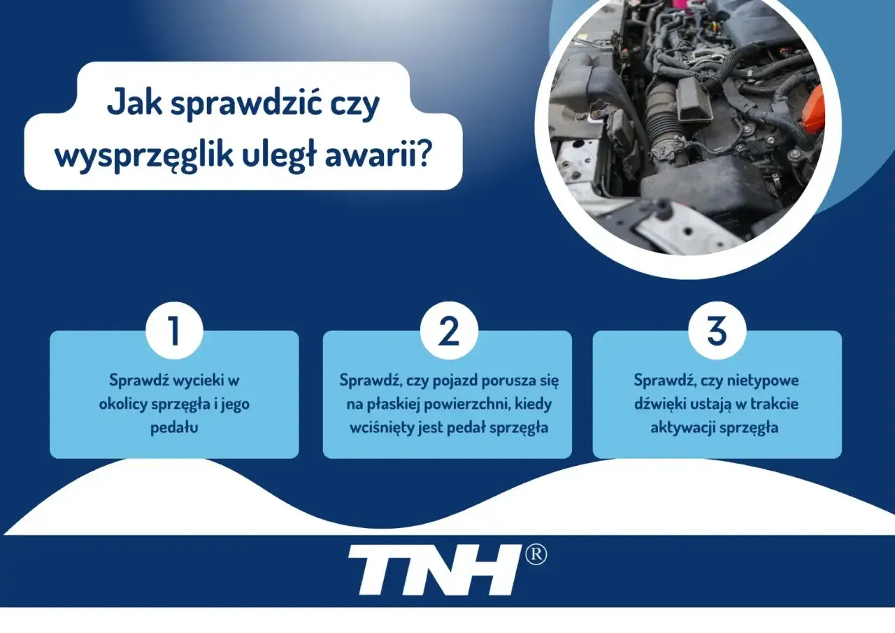 Jak sprawdzić objawy awarii wysprzęglika: wycieki, ruch pojazdu na płaskiej powierzchni po wciśnięciu sprzęgła, nietypowe dźwięki.