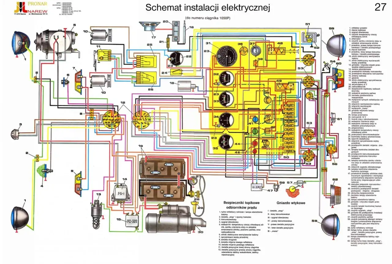 Schemat instalacji elektrycznej ciągnika. Dowiedz się, jak podłączyć światła w przyczepie rolniczej, analizując schemat połączeń.