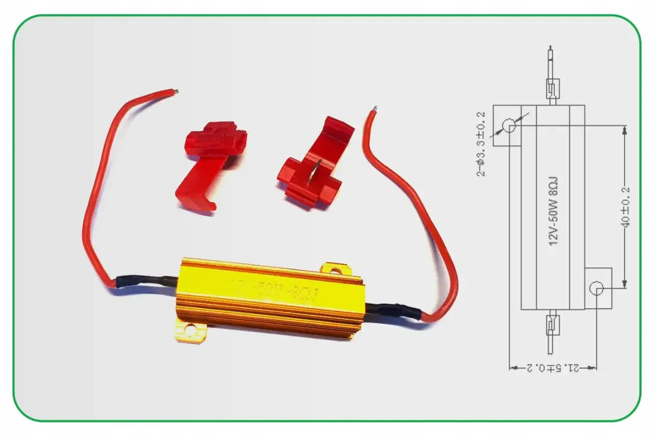 Rezystor 12V-50W 8Ω do LED w samochodzie, z przewodami i złączkami.