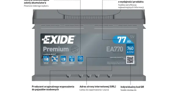 Akumulator Exide Premium 77Ah. Na etykiecie nie widać daty produkcji, ale są informacje o wydajności i QR kod.