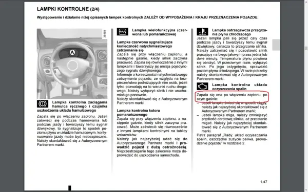 Kontrolka awarii elektroniki silnika Dacia zapala się po włączeniu zapłonu, a następnie gaśnie. Jeśli świeci się ciągle, skontaktuj się z serwisem.
