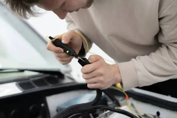 Mechanik sprawdza jakie przewody do instalacji samochodowej są potrzebne, używając testera.