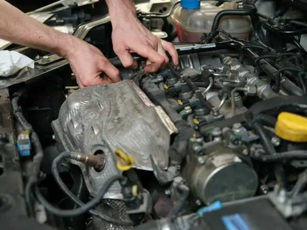 Mechanik sprawdza silnik, szukając objawów uszkodzonego czujnika położenia wałka rozrządu.